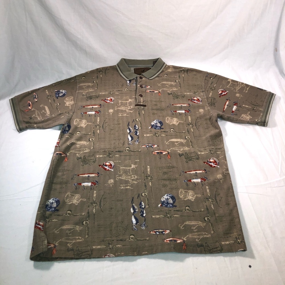 Men’s North River Fishing Pattern Short Sleeve Polo Shirt XL Green Multicolor